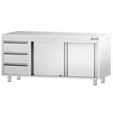 Masă de lucru tip dulap din oțel inoxidabil PREMIUM - 2000x700 mm - uși glisante - 3 sertare stânga - fără rebord (centrală)