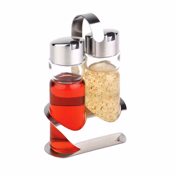 (6 pièces) Ménage - PRO - Support en inox - incl. 2 huiliers et vinaigriers - avec becs verseurs anti-goutte