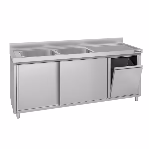 Nerezový dřezový stůl s posuvnými dveřmi - 2000x700mm - s odpadkovým košem a 2 dřezy vlevo