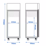 Armario congelador de acero inoxidable ECO - EN 600x800 - 612L - con 1 puerta y rieles y rejillas portantes de acero - ventilado; R290; desescarche automático; ruedas; cerradura con llave; AISI 304; Negro