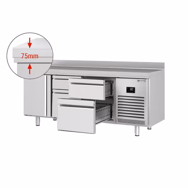 Tavolo refrigerato PREMIUM PLUS - 1960x700mm - Ventilata - 465 L - con 1 porta battenti - con 4 cassetti - Alzatina