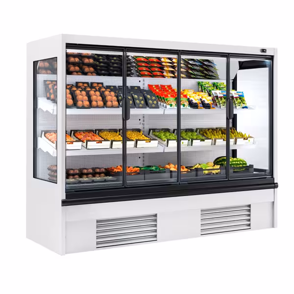 Murale Refrigerato Professionale - 2580mm - 740l - +4°/+6°C - con 4 porte a battente in vetrocamera & 2 ripiani - Bianco