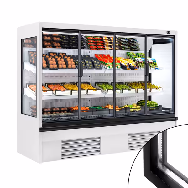 Commercial multideck display fridge - 2580mm - 740L - with 2 double‑glazed hinged glass doors & 2 shelves - White