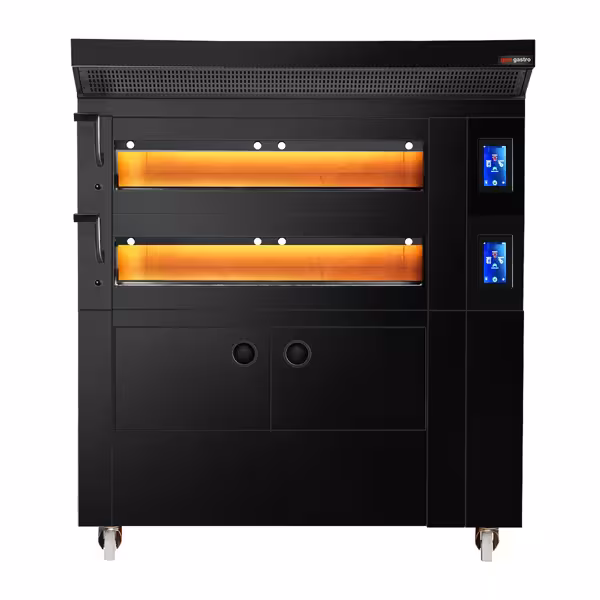 Electric Commercial Bakery Deck Oven with Steam Injection - Touchscreen Controls - 2 Baking Chambers - Black - with Prover Cabinet & with Hood