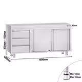 Table armoire en acier inoxydable ECO - 1600x600mm - avec 3 tiroirs à gauche et portes coulissantes et étagère basse