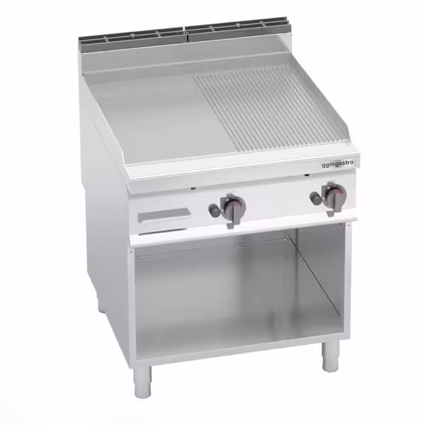Gázüzemű rostlap - 20 kW - Sima és bordázott - Sütőfelület: 796x667 mm - álló - nyitott tárolóval - Professzionális