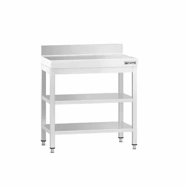 Nerezový pracovní stůl PREMIUM - 600x600 mm - se spodní policí & se zadním lemem & s mezipolicí & s vyztuženou pracovní deskou