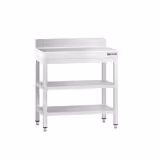 Mesa de trabajo de acero inoxidable PREMIUM | mural - 600x600mm - con estante inferior y peto trasero y estante intermedio y refuerzo omega