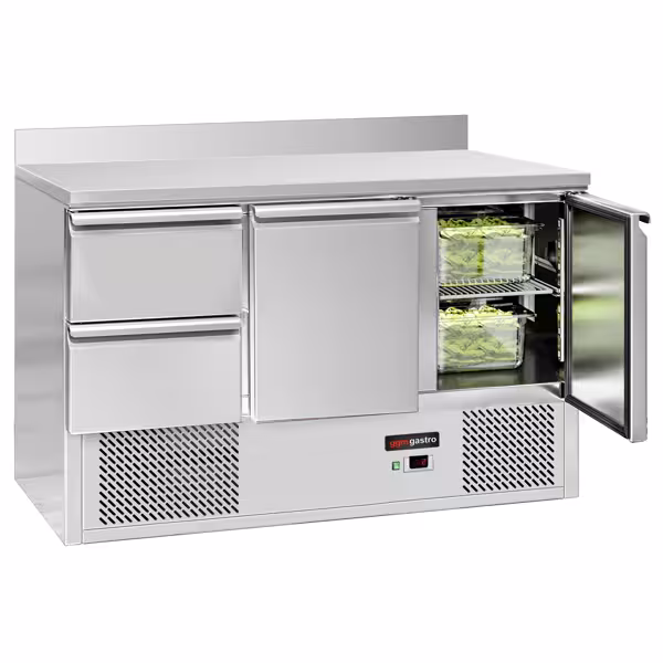 Saladette / Pizzakühltisch ECO - 1,37 x 0,7 m - mit 2 Türen, 2 Schubladen & Aufkantung