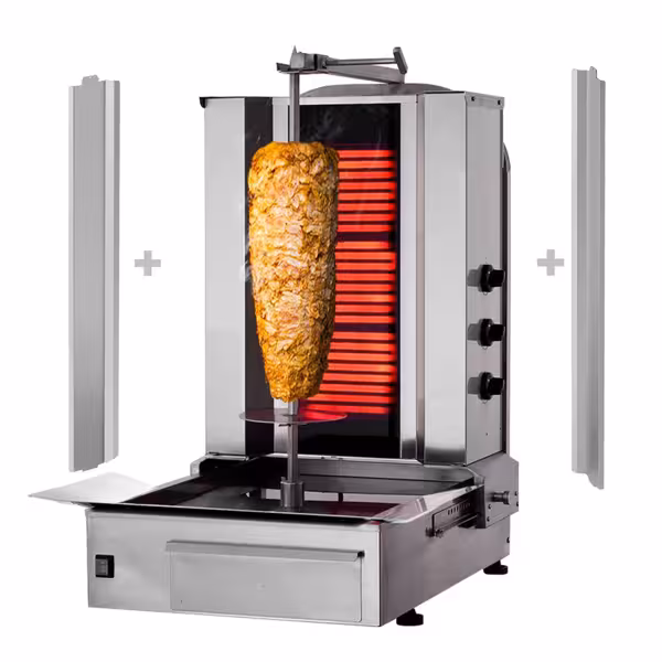 Elektrisk kebabgrill - justerbar brännarsektion - 3 brännare - max. 40 kg - bordsmodell - inkl. 2 flügeldörrar