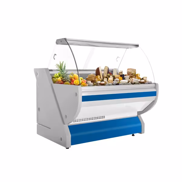 Vitrină frigorifică pentru carne / Vitrină frigorifică orizontală - 1325x1150 mm - 260 L - culoare albastru - geam frontal curbat - blat de granit
