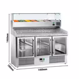 Banco pizza refrigerato ECO - 1400x700mm - con 3 porte in vetro - piano in granito - con vetrina ingredienti refrigerata superiore - 6x GN 1/4