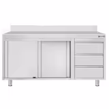 Tavolo armadiato in acciaio inox ECO - 1600x600mm - con 2 porte scorrevoli + 3 cassetti a destra - con alzatina