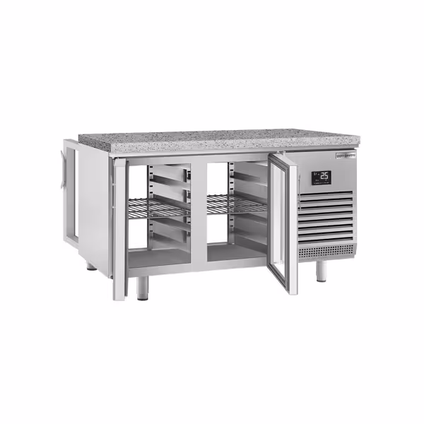 Bäckereikühltisch Premium PLUS - 1618x800mm - mit Durchreiche, Glastüren - Granitarbeitsplatte