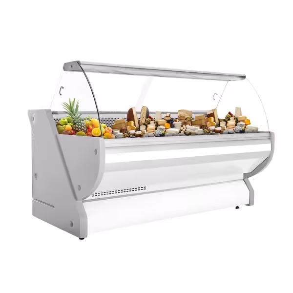 Banco gastronomia professionale / Banco Macelleria - 2515x1150mm - Statica - 500 L - Vetro curvo - Colore Bianco - piano di lavoro in granito