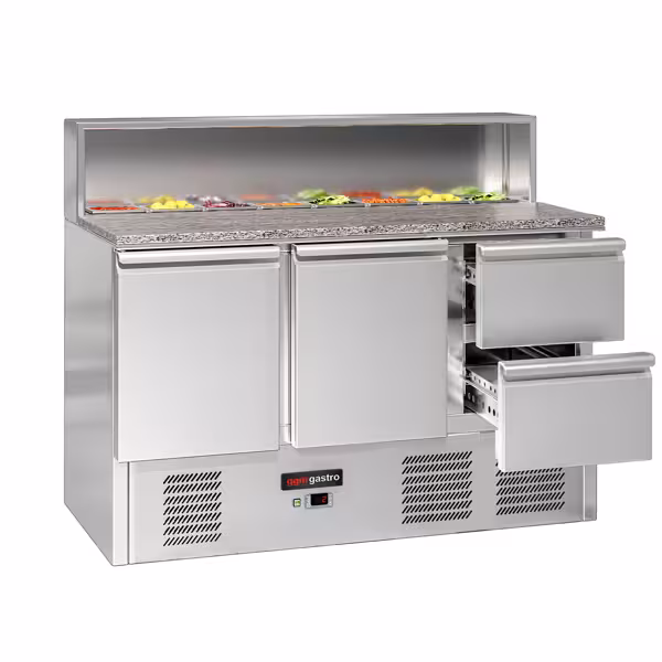 Saladette ECO - 1368mm - 2 deuren & 2 laden - met RVS deksel voor 8x GN 1/6 - granieten werkblad