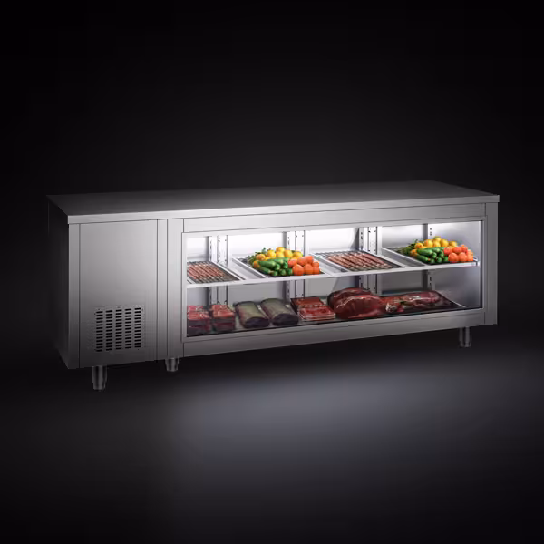 Koelwerkbank - 2330x700mm - 632 liter - met 4 deuren - front met glas