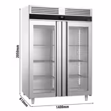 Vrieskast RVS PREMIUM - GN 1/1 - GN 2/1 - 1400mm - 1400liter - tot -20°C tot -12°C - met 2 glasdeuren - geforceerde koeling, automatische ontdooiing & LED‑verlichting