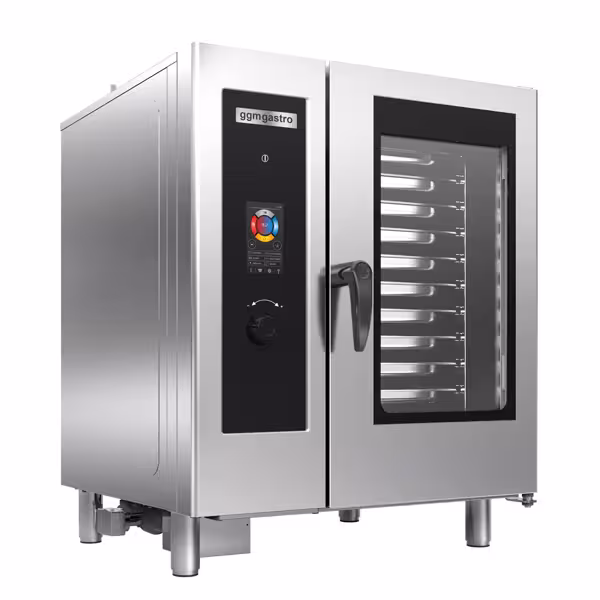 Electric Commercial Combi Oven - Touchscreen Controls - 10x GN 1/1 - incl. Automatic washing system, Core temperature probe, Boiler-based steam generator & Rack trolley