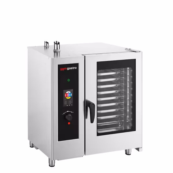 Commercial Electric Combi Oven - Touchscreen Controls - 10x GN 1/1 - incl. Automatic washing system, Core temperature probe, Boiler-based steam generator & Rack trolley