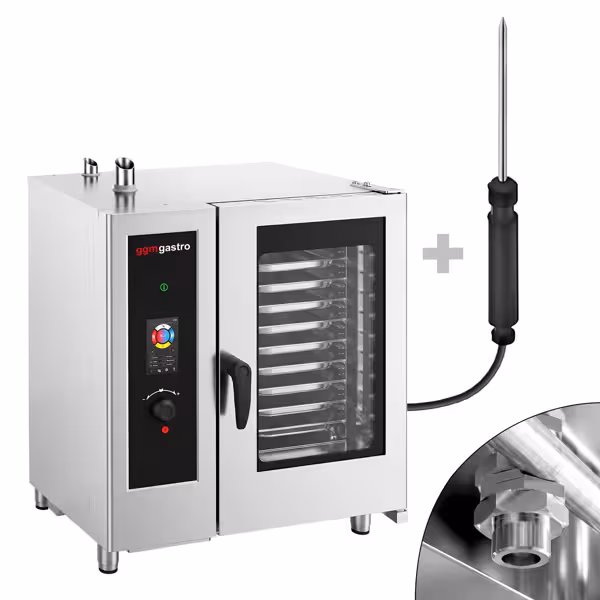 Commercial Electric Combi Oven - Touchscreen Controls - 10x GN 1/1 - incl. Automatic washing system, Core temperature probe, Boiler-based steam generator & Rack trolley