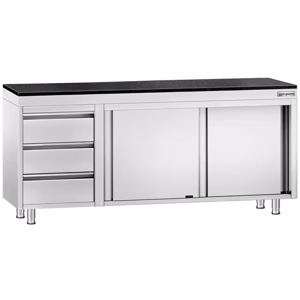 Roestvrijstalen werkkast PREMIUM - 2000 x 600 mm - met 3 lades links - incl. granieten werkblad
