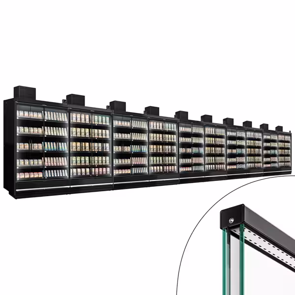 (10 pz) Supermercato-Espositore murale refrigerato - 18750mm - +0°/+4°C - con 4 porte a battente in vetrocamera senza cornice & 5 ripiani - Nero