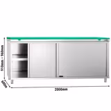 Paslanmaz Çelik Dolaplı Hazırlık Tezgahı PREMIUM - 2000x600 mm  - sürgü kapaklı, sırtsız, yeşil kesme tahtası dahil