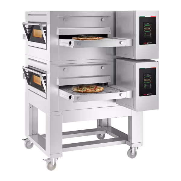 (2 stuks) Doorloop pizzaoven - 1980x2450x1920mm - 2 kamers - tot 350°C - Touch - Bandbreedte: 1000mm - incl. onderstel & wielen