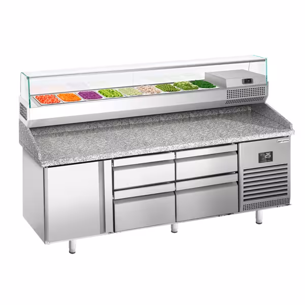 Mesa pizzera refrigerada PREMIUM PLUS - 1980x700mm - encimera de granito - con 1 puertas ciegas y 4 cajones - incl. vitrina refrigerada superior - 9x GN 1/4