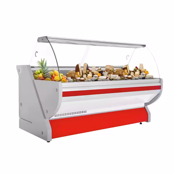 Vitrină frigorifică pentru carne / Vitrină frigorifică orizontală ECO - 2515x1150 mm - 500 L - culoare roșu - geam frontal curbat - blat de granit