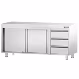 Kuhinjski radni pult od nehrđajućeg čelika PREMIUM - 2000x600 mm - Sa 3 ladice na desnoj strani, bez poleđine 