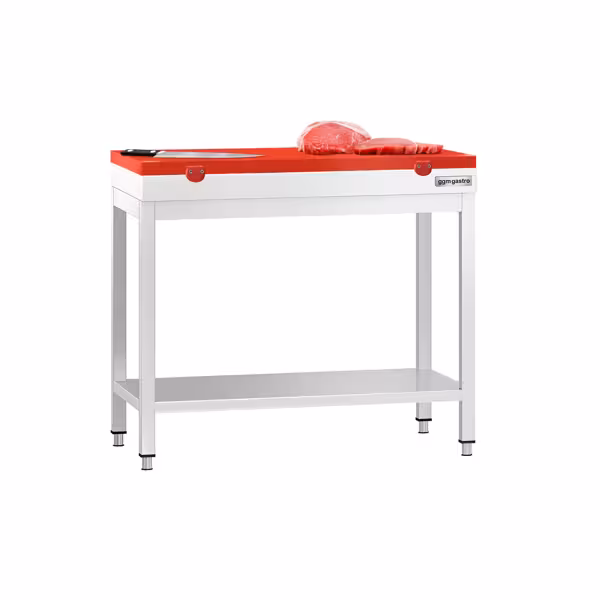 Paslanmaz Çelik Çalışma Tezgahı PREMIUM - 800x600mm - Taban Raflı - Polietilen Kesme Tablası Dahil - Kırmızı