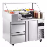 Commercial Saladette Prep Counter - 1210x700mm - 1 Door & 2 Drawers - for 9x GN 1/6 - incl. Glass sneeze guard, Crêpe maker, Batter spreader & Wooden spatula