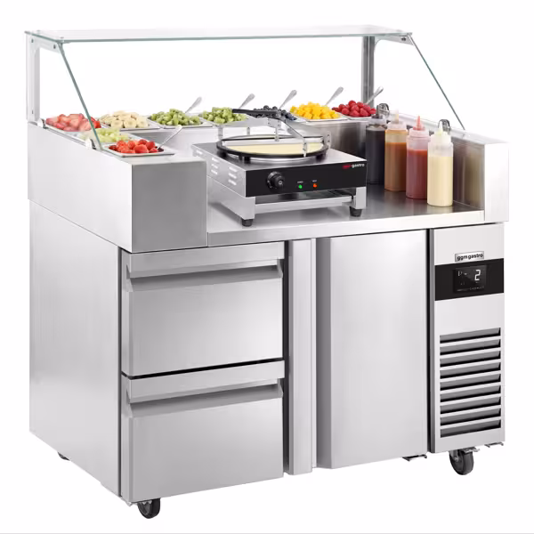 Přípravný chladicí stůl - 1210x700 mm - 1 dveře & 2 zásuvky - pro 9× GN 1/6 - vč. Crêpes zařízení; Teigverteiler; dřevěná špachtle