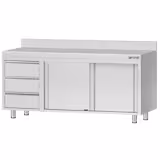 Nerezová pracovní skříňka ECO - 2000x600 mm - s posuvnými dveřmi se 3 zásuvkami vlevo - se zadním lemem