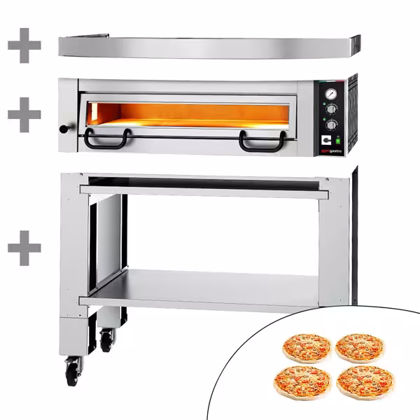Elektrische pizzaoven (chamotte bakvloer) - 1130x1010x1135mm - 1 kamer - 1x4 pizza’s Ø34cm - tot 450°C - Handmatig - incl. afzuigkap & onderstel
