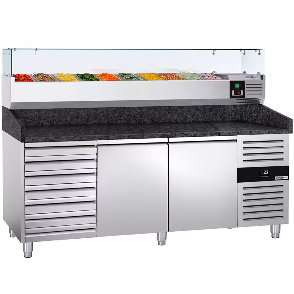 میز یخچالی پریمیوم پیتزا - 2000*800 میلیمتر - 2 درب 7 10xGN 1/4 - کشو - همراه ویترین رومیزی خنک کننده