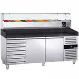 Commercial Pizza Prep Counter - Granite Top PREMIUM - 2025x800mm - with 2 doors & 7 drawers - incl. refrigerated topping unit with glass sneeze guard - 10x GN 1/4