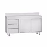 Table armoire en acier inoxydable ECO - 1400x700mm - avec portes coulissantes et étagère basse et 3 tiroirs à gauche - avec dosseret