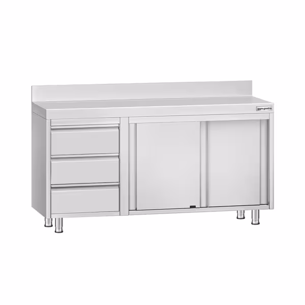 Gesloten RVS werktafel ECO - 1400x700mm - met schuifdeuren, 3 laden links - met achteropstand