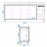 Bar- & Getränkekühltisch Premium PLUS - 2450x600mm - mit 4 Glastüren, Aufkantung & Ausklopfer für Kaffee