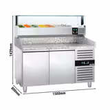 Pizzawerkbank PREMIUM - 1500x800mm - met granieten werkblad - met 2 deuren - incl. glasvitrine LED - 7x GN 1/4