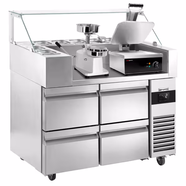 Zubereitungstisch - 1210mm - 4 Schubladen - für 9x GN 1/6 - inkl. Kontaktgrill & Hamburgermaschine