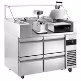 Saladette refrigerada - 1210x700mm - com 4 gavetas - para 9x GN 1/6 - incl. Grelha de contacto & Máquina do Hamburguer manual
