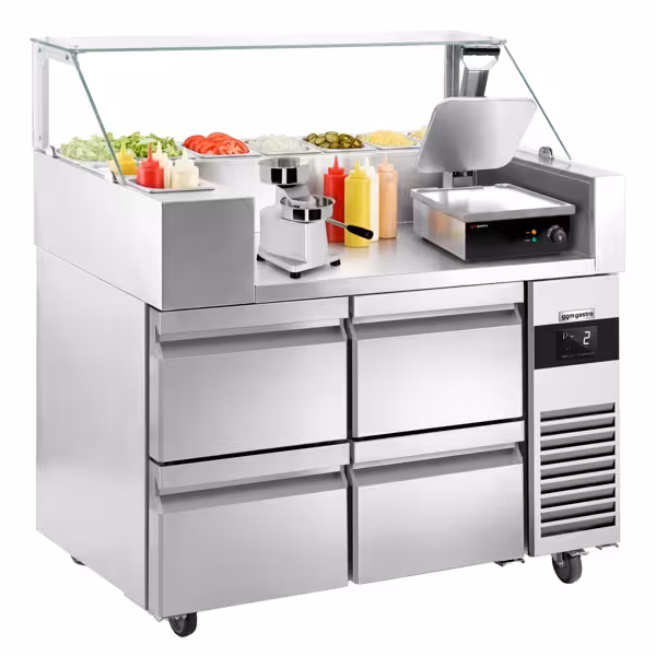 Saladette refrigerata professionale - 1210x700mm - 4 cassetti - per 9x GN 1/6 vaschette - incl. griglia a contatto & macchina per hamburger