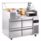 Table de préparation – 1210 mm – 4 tiroirs – pour 9 bacs GN 1/6 – incl. grill de contact & machine à hamburgers