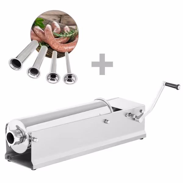 Insaccatrice per salumi manuale orizzontale - 7L - acciaio inox - con 4 imbuti insaccatori