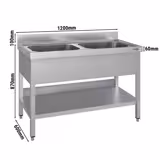 Stainless Steel Commercial Sink Unit ECO - 1200x600mm - with Double Bowl Centre - with Undershelf - with Upstand