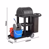 Janitorial Cleaning Trolley - Open - with 3 shelves & down-press wringer & laundry bag & roller shutter doors - Black